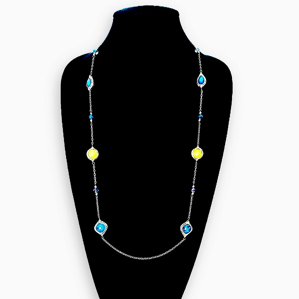 LOFT | Silver-Tone Long Station Necklace with Blue & Green Faceted Beads | NEW - Picture 4 of 8